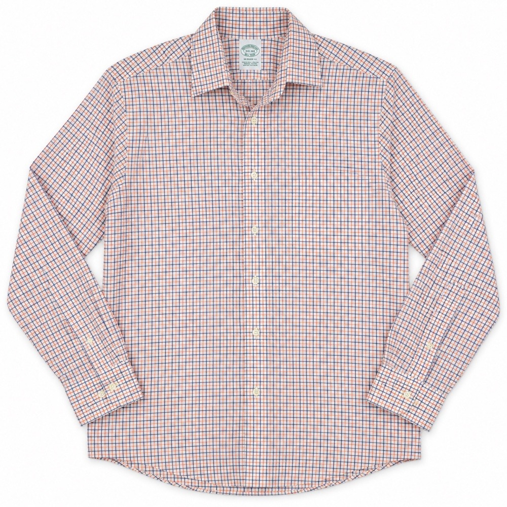 Brooks Brothers Button Down Shirt Mens 15.5 34 Orange Blue Tattersall Milano